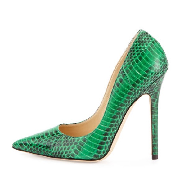 JIMMY CHOO ANOUK Green Python Embossed Leather Pointed Toe Pumps Size 37.5 - Picture 10 of 10